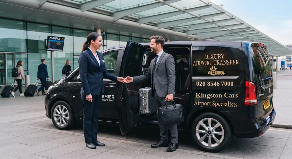Kingston Cars driver greeting a passenger with a suitcase outside an airport terminal