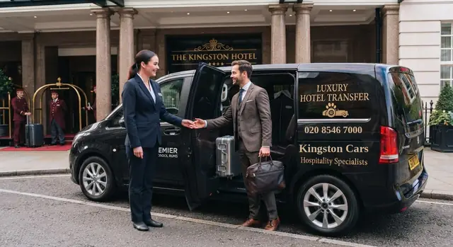 Driver greeting a hotel guest beside a Kingston Cars MPV