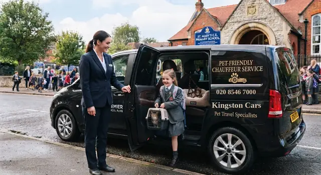 Child carrying a cat in a pet carrier beside a Kingston Cars MPV