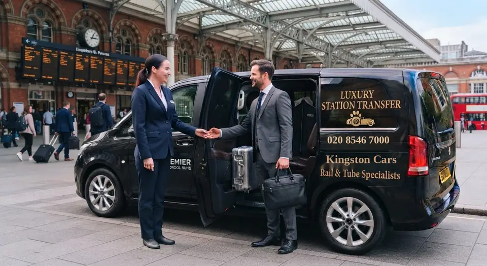 Kingston Cars driver meeting a passenger with luggage outside a railway station